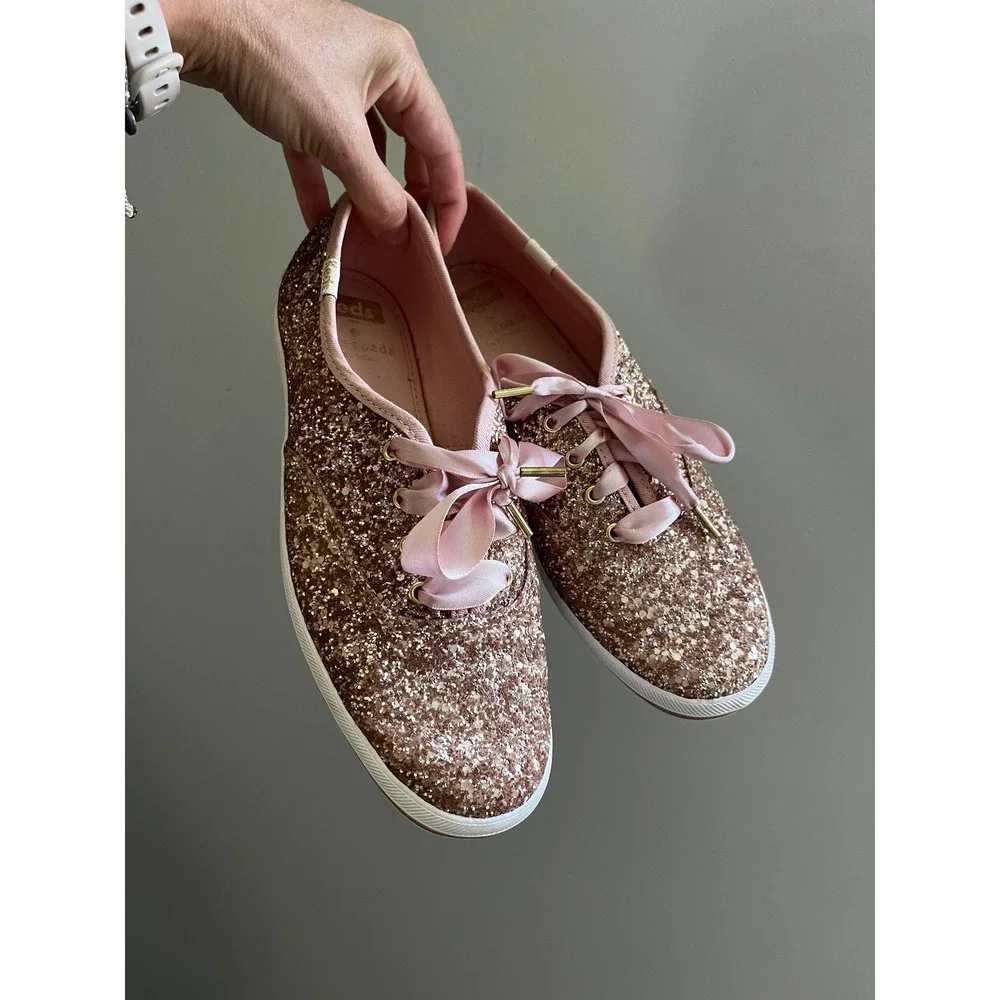 Keds Kate Spade Rose Gold Glitter Champion Sneakers Pink 6.5 Bridal Glam Preppy